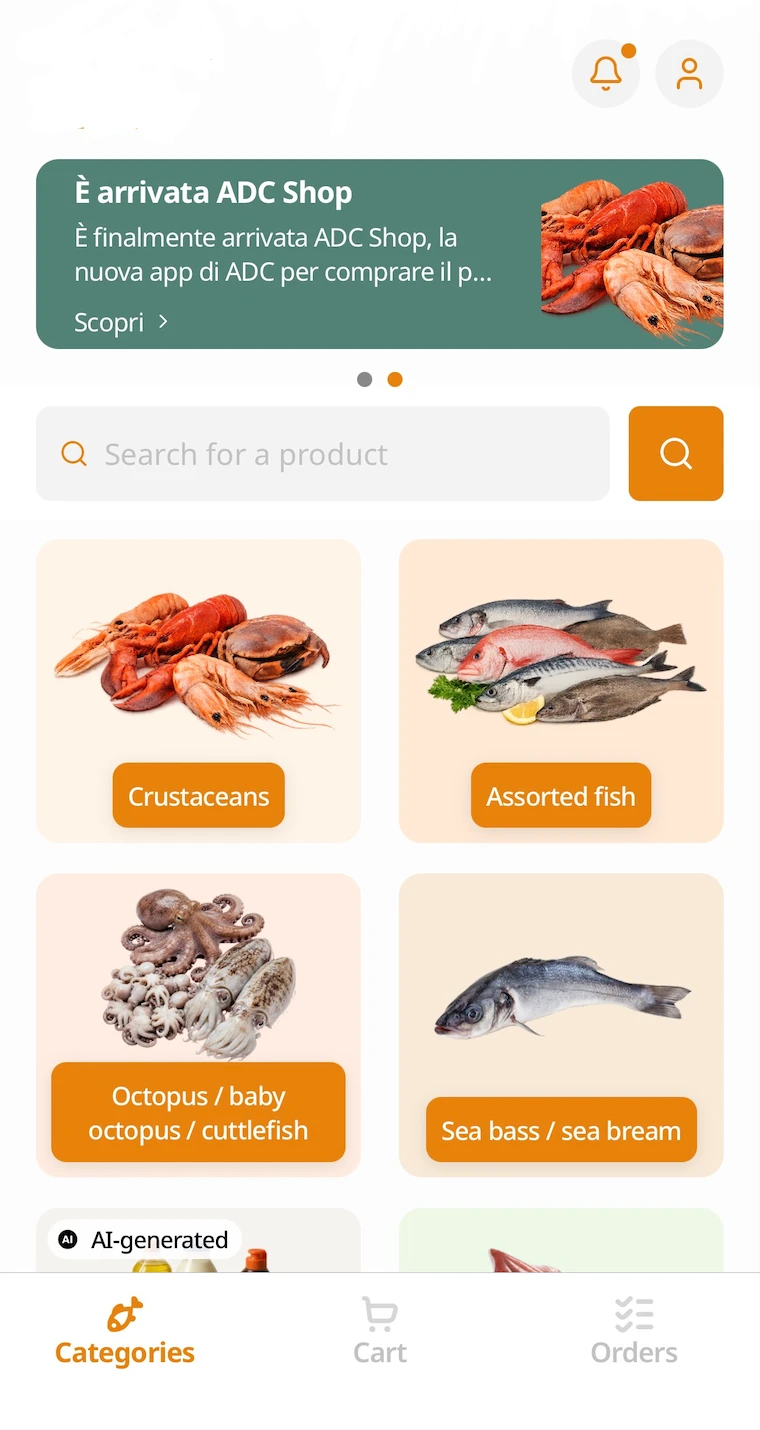 Home screen of the ADC Shop app showing product categories: crustaceans, assorted fish, octopus and cuttlefish, sea bass and sea bream