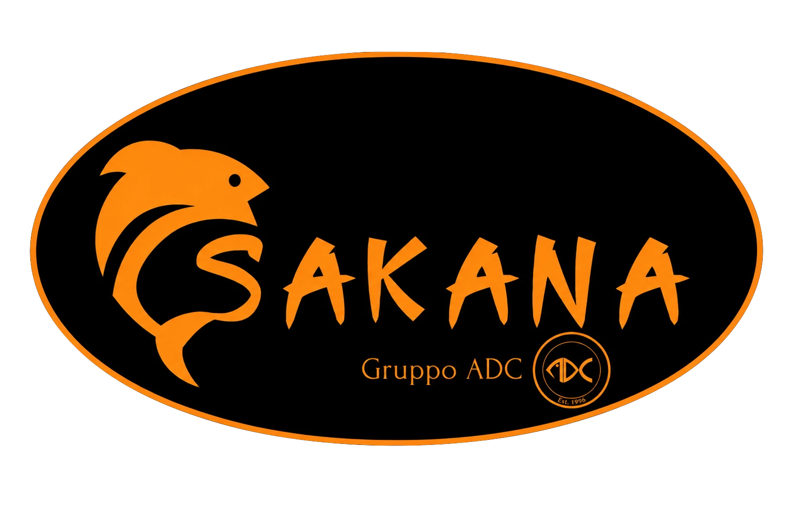 Logo Sakana: pesce stilizzato e scritta SAKANA arancioni su ovale nero, con la dicitura Gruppo ADC e il logo ADC